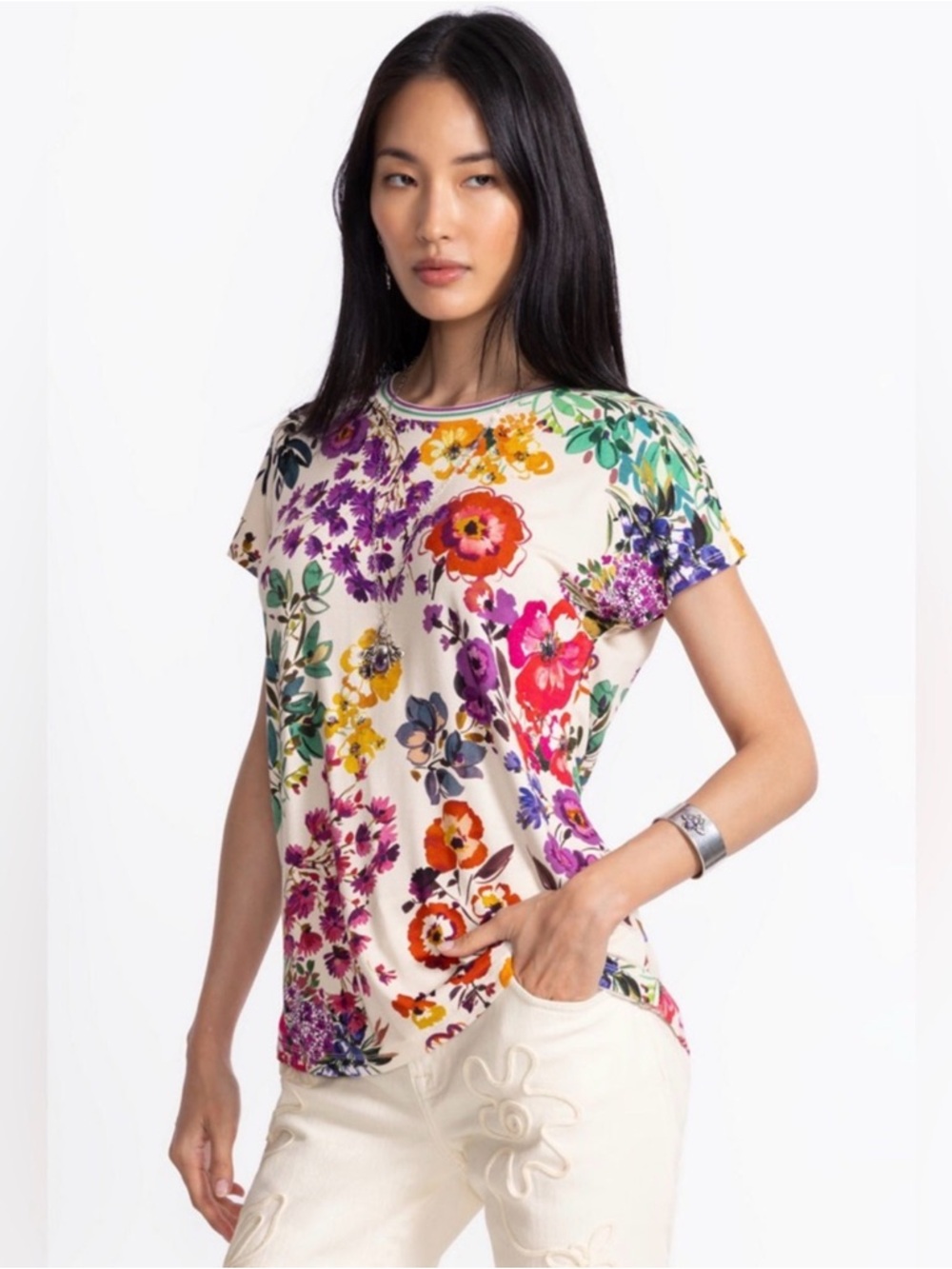 Johnny Was Janie Favorite Evalon Dolman Sleeve Tee Shirt Floral Top Cream NEW S